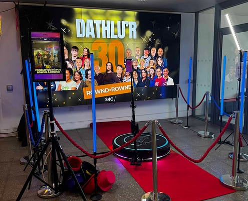 360 Video Booth 360 Booth for S4C Event. Display with red carpet entrance and Tube Lighting.